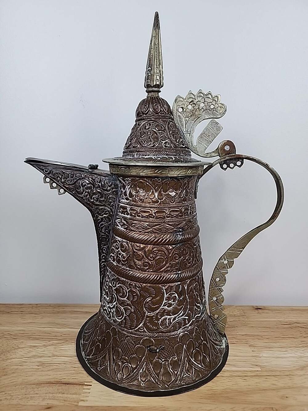 Antique Islamic Arabic Copper & Brass Engraved Coffee Pot Dallah 13.5” RARE